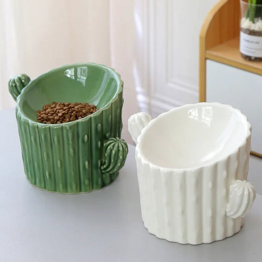 Cactus Ceramic Elevated Cat Bowl - The Cat Mom Shop